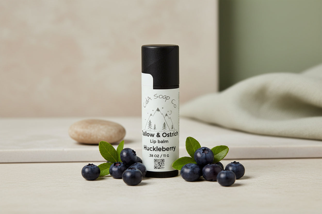 Black Kraft board tube with white label. Tallow and ostrich oil lip balm flavored in huckleberry. Light back ground with huckleberries a stone and a blanket 