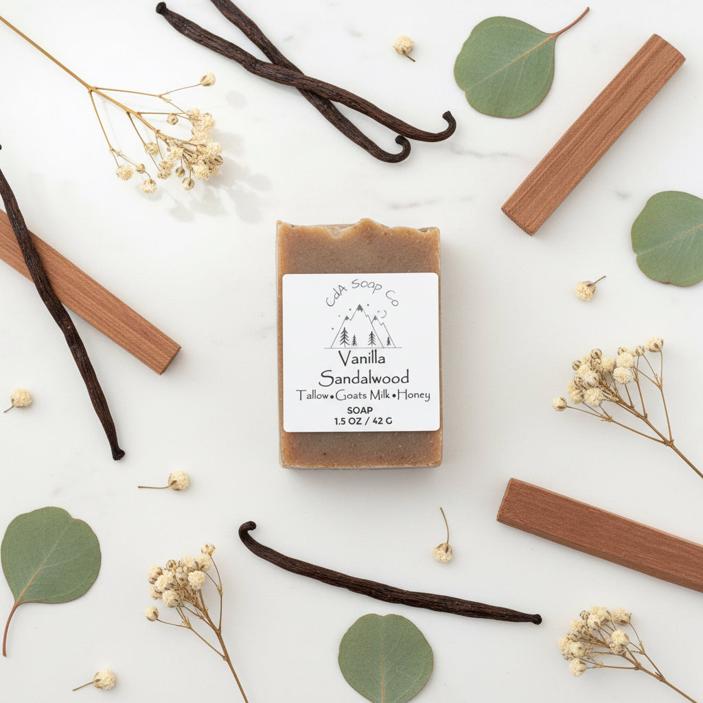 Bar of Vanilla Sandalwood soap with a label on a wooden surface