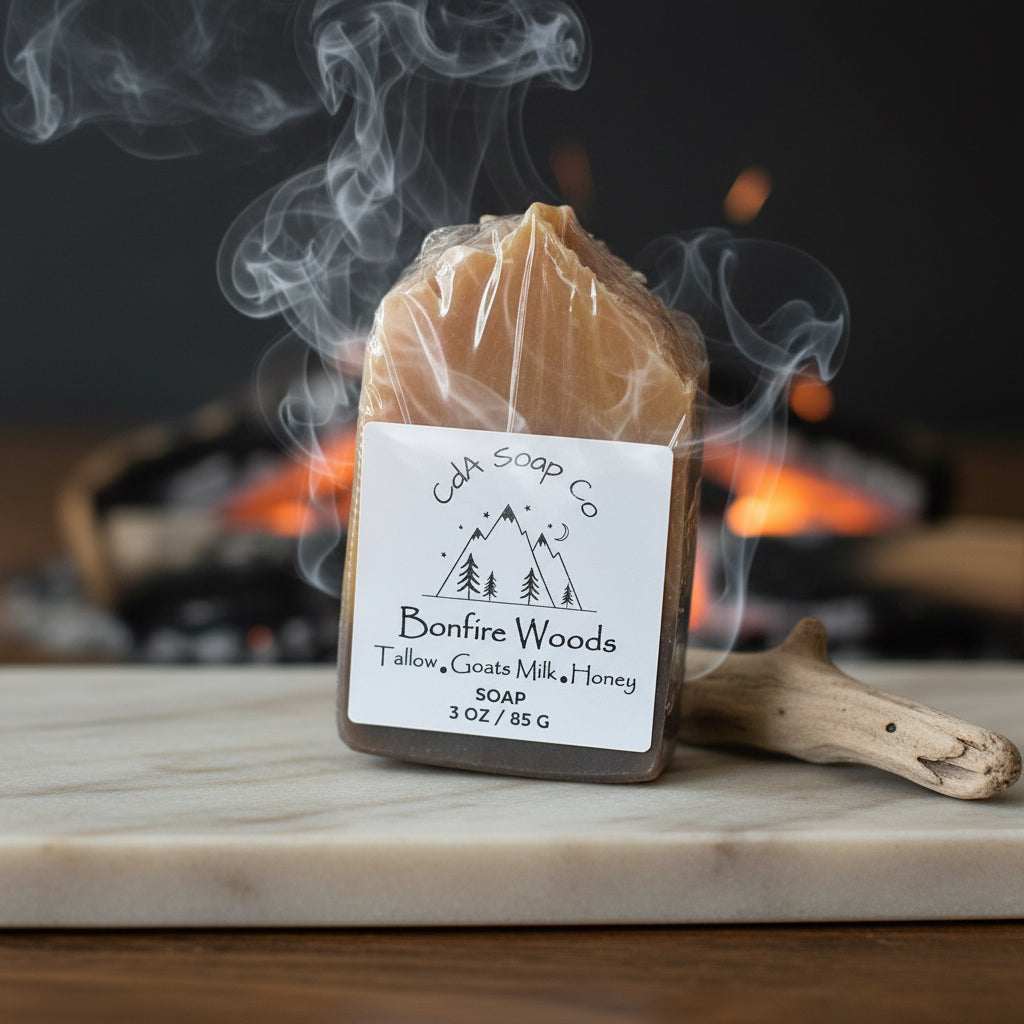 Soap bar labeled 'Bonfire Woods' by CdA Soap Co. with smoke and a fire in the background.