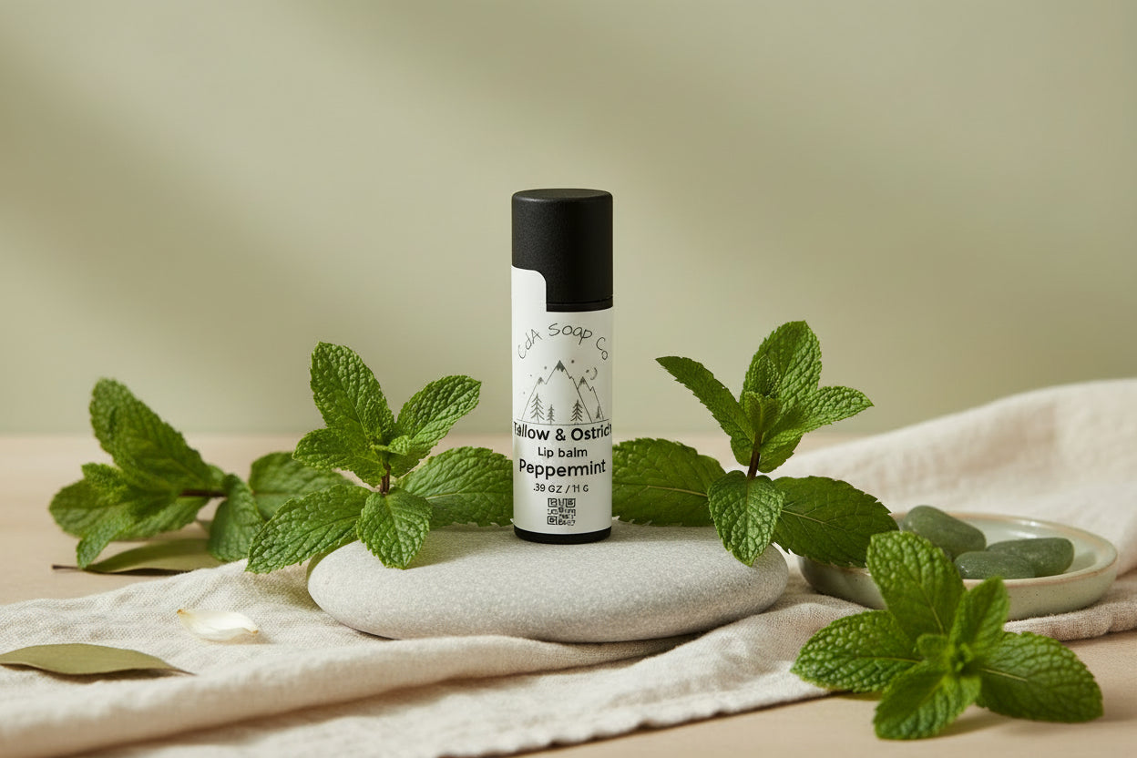 Black Kraft board peppermint lip balm tube. Light back ground with peppermint leaves, a stone and a blanket 