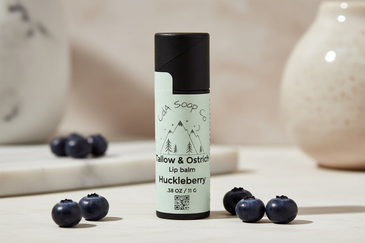 Lip balm container with black cap and white label featuring text and a QR code on a light background with huckleberry accents 