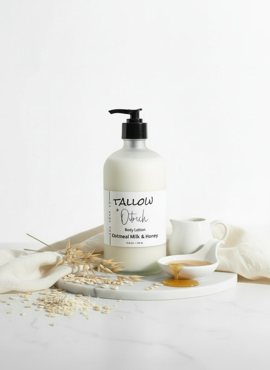 Bottle of Tallow & Ostrich oil CdA soap Co. body lotion on a white background with oatmeal milk and honey
