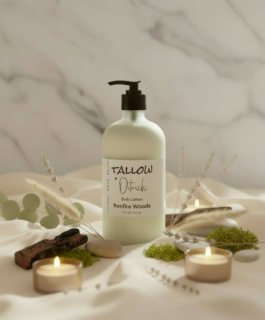 Bottle of Tallow + Ostrich body lotion labeled 'Bonfire Woods' on a linen surface with smoke and accents