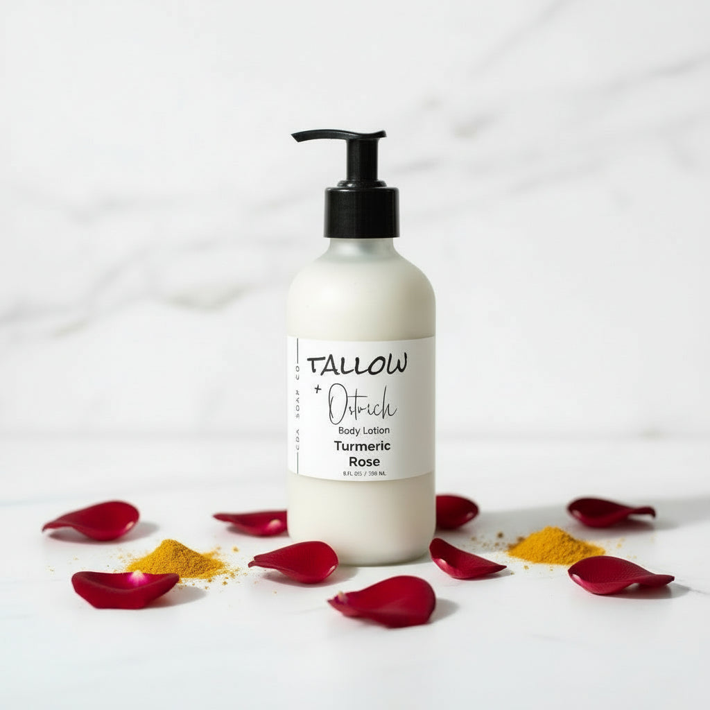 Body lotion bottle with turmeric and rose petals on a light background