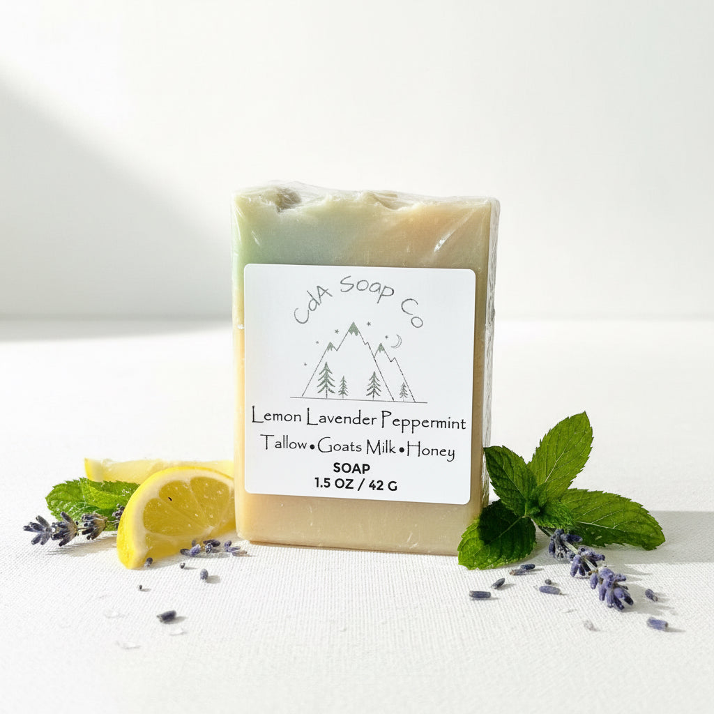 Bar of lemon lavender peppermint  soap with a CDA Soap Co label on a wooden surface 