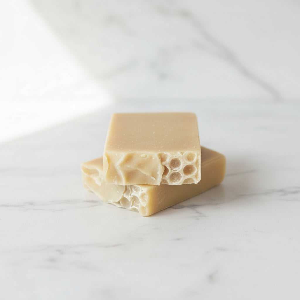 Three bars of natural soap with honeycomb texture on a light surface
