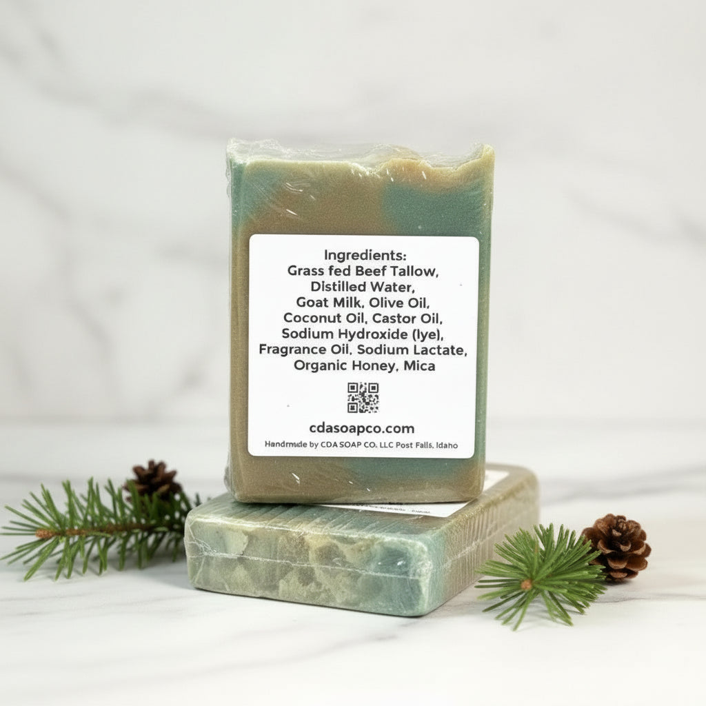 Two bars of soap with a label showing ingredients on a wooden surface with a light background.