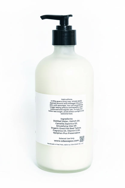 Bottle of lotion with pump and label on a white background