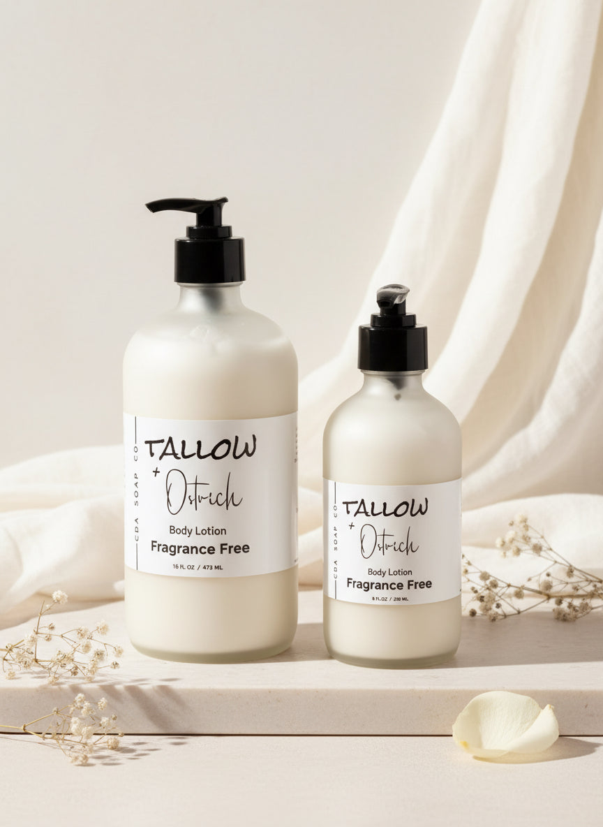 Two bottles of Fragrance Free Tallow + Ostrich oil body lotion on a light background