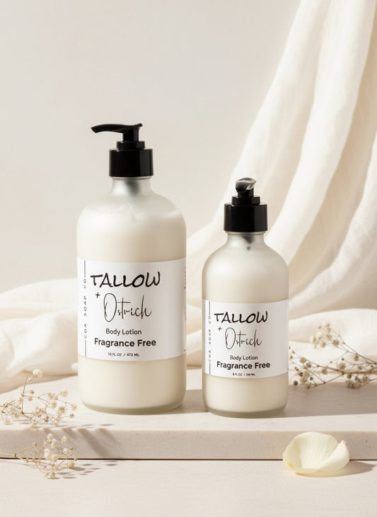 Two bottles of Fragrance Free Tallow + Ostrich oil body lotion on a light background