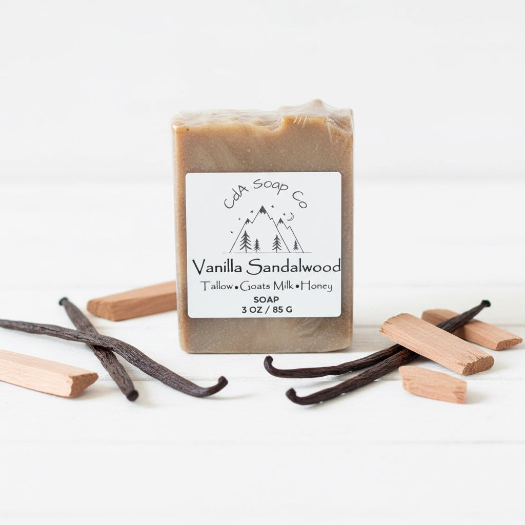 Bar of soap with vanilla sandalwood scent, surrounded by vanilla beans and wooden sticks on a white background.