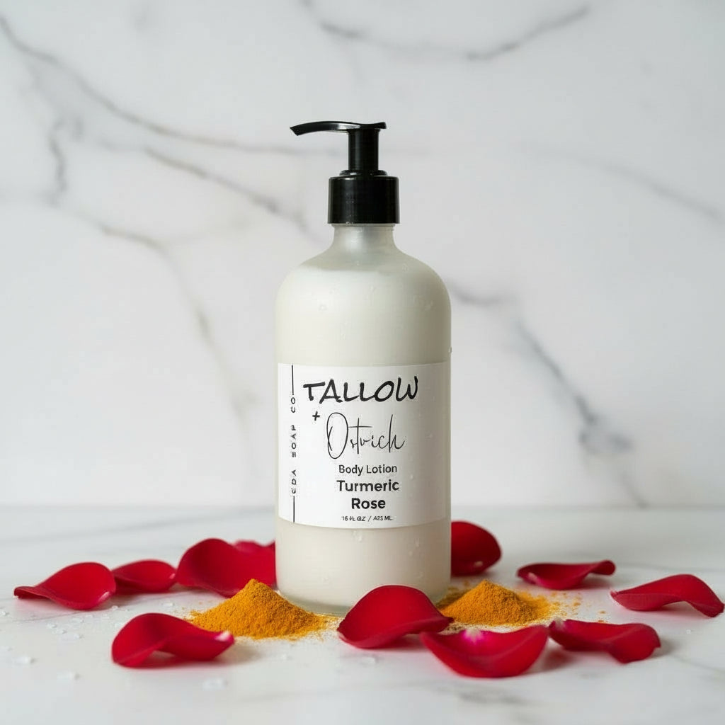 Body lotion bottle with turmeric and rose petals on a light background