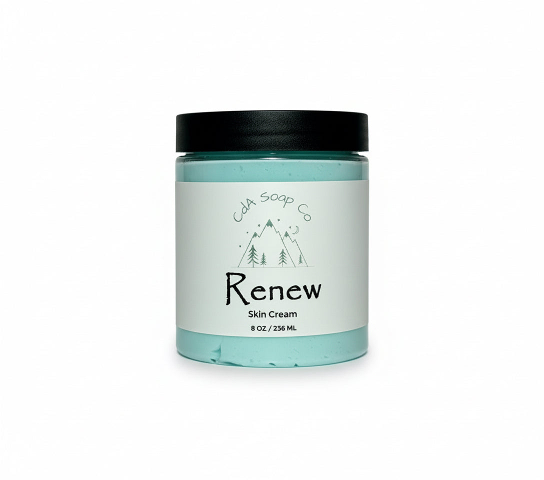 Jar of skin cream labeled 'Renew' by CA Soap Co on a white background