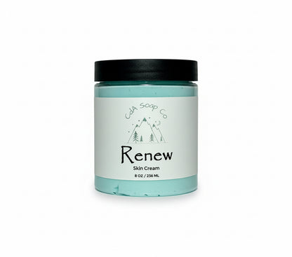 Jar of skin cream labeled 'Renew' by CA Soap Co on a white background
