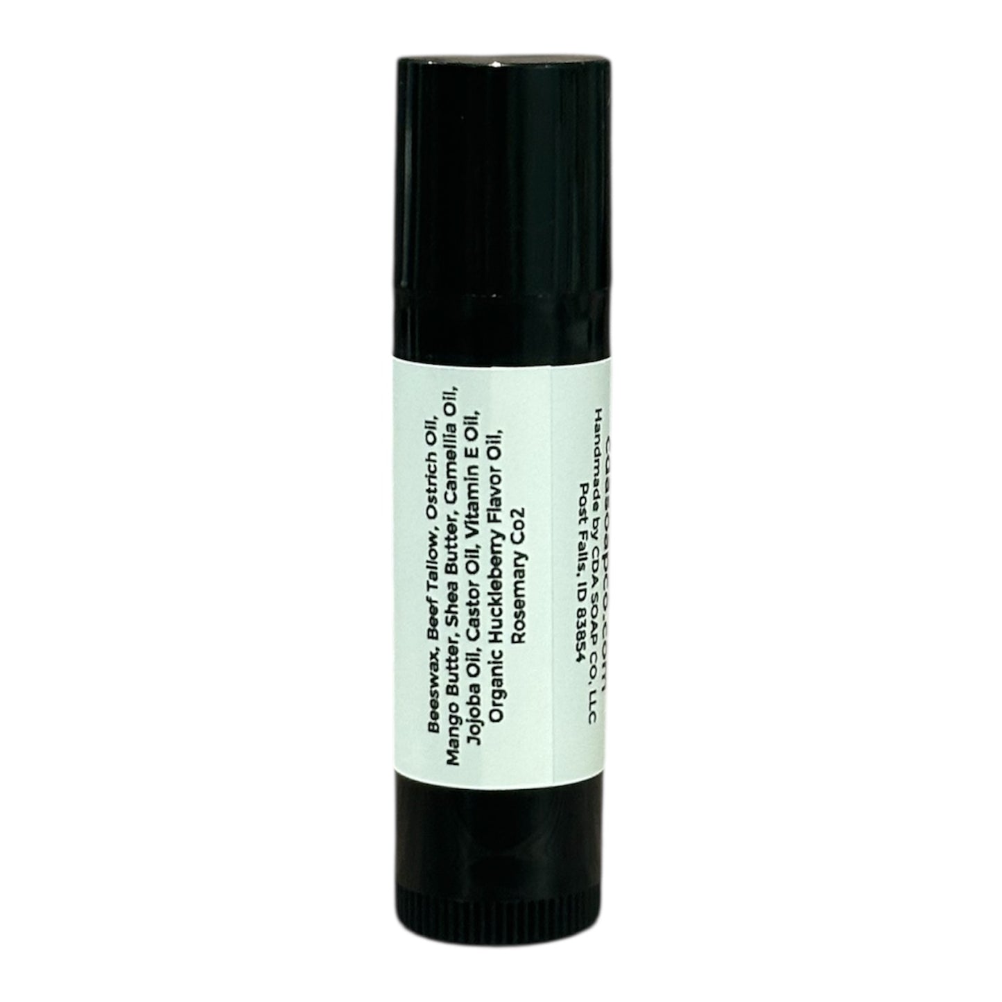 Black and white lip balm with text on a white background