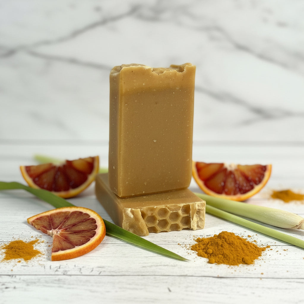 Two bars of brown soap with a honeycomb texture, surrounded by sliced oranges and turmeric powder on a marble surface.