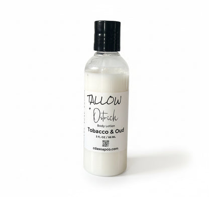 Body lotion bottle labeled 'Tallow & Ostrich' on a white background