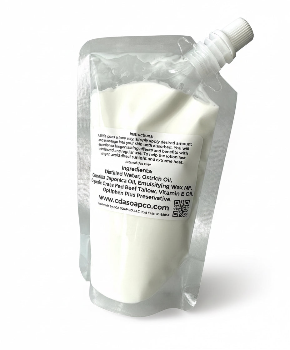 White lotion in a clear plastic packaging with visible branding on a white background
