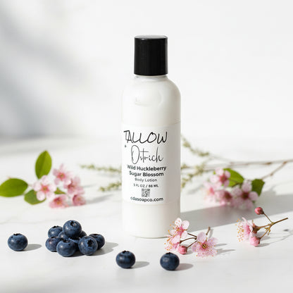 Body lotion bottle with huckleberries and flowers on a light background