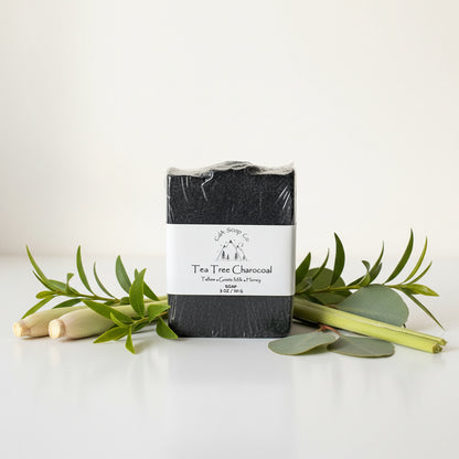Tea Tree Charcoal soap bar with eucalyptus leaves on a white background