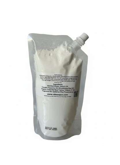 White plastic pouch filled with lotion, on a white background.