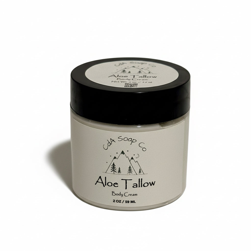 Jar of Aloe Tallow body cream from CDA Soap Co on a white background