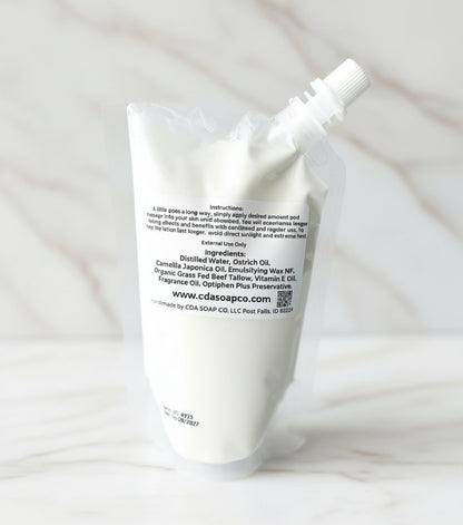 White bag with text on a light gray background