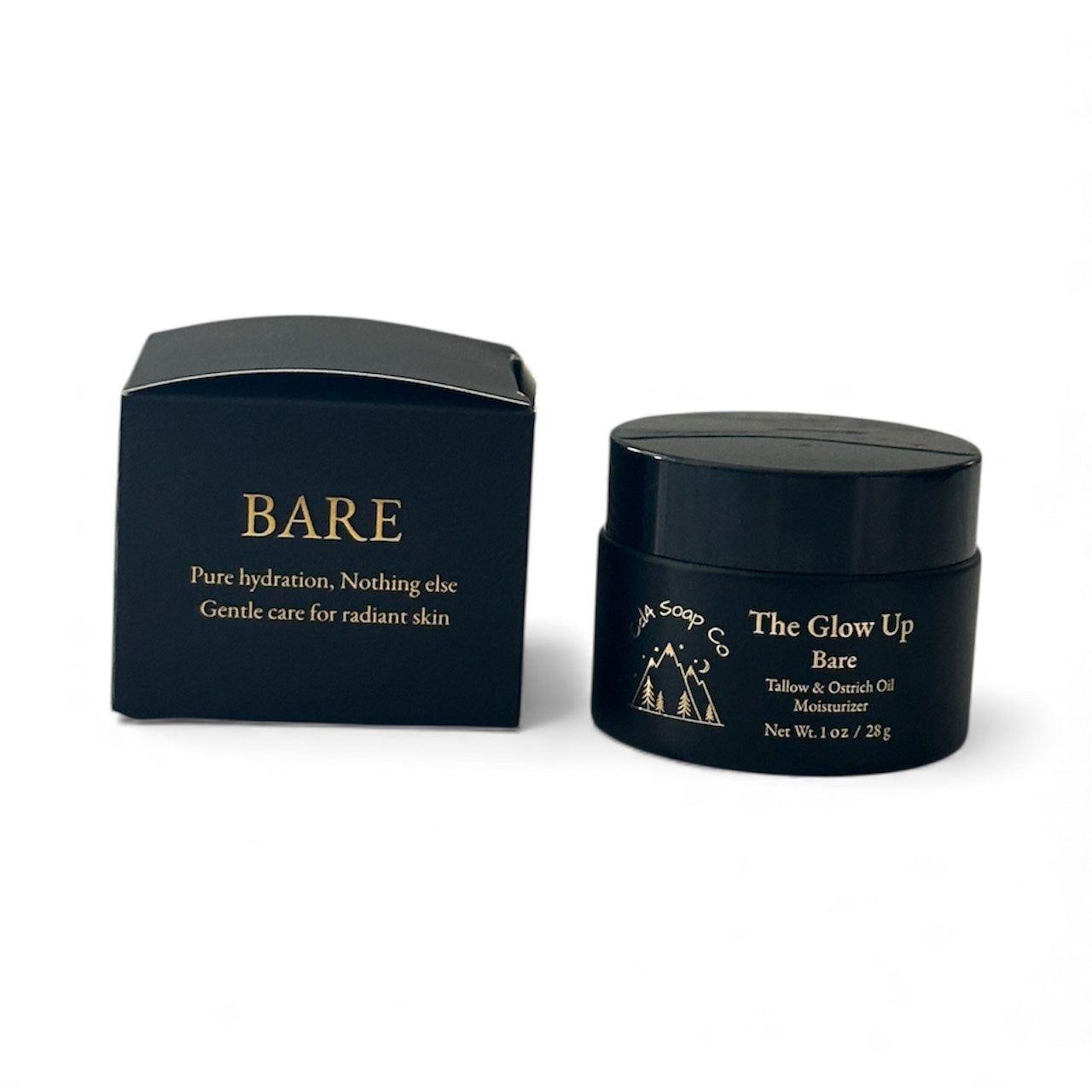 Black cosmetic container and black packaging with gold text on a white background