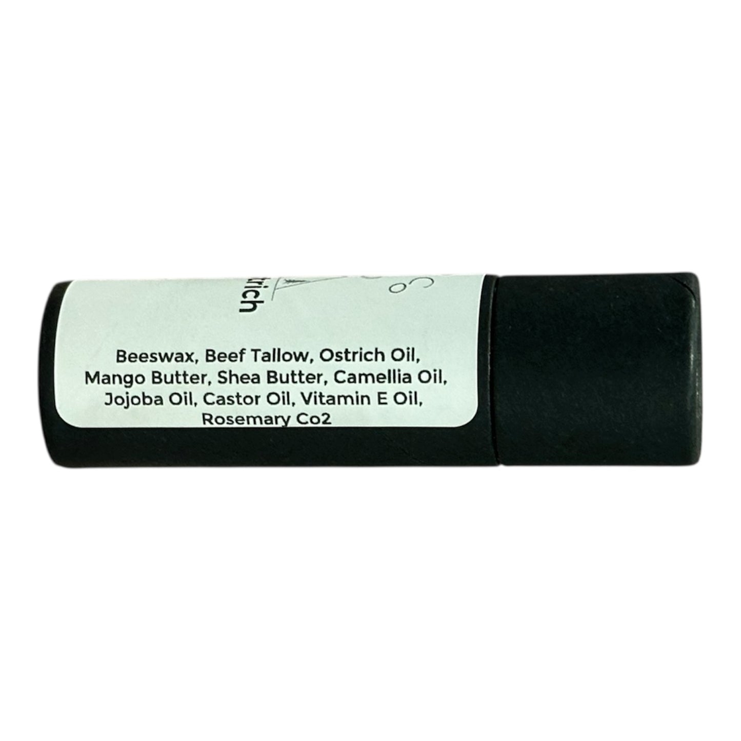 Sideways black Kraft tube lip balm showing ingredients on. White label.
Beeswax, Beef tallow, Ostrich oil, mango butter, shea butter, Camellia oil, Jojoba Oil, Castor oil, Vitamin E oil, Rosemary Co2