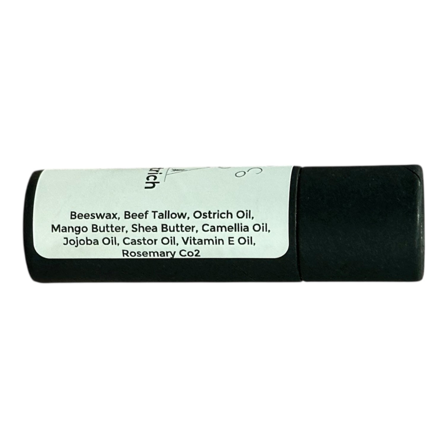 Sideways black Kraft tube lip balm showing ingredients on. White label.
Beeswax, Beef tallow, Ostrich oil, mango butter, shea butter, Camellia oil, Jojoba Oil, Castor oil, Vitamin E oil, Rosemary Co2