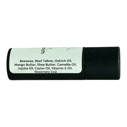 Sideways black Kraft tube lip balm showing ingredients on. White label.
Beeswax, Beef tallow, Ostrich oil, mango butter, shea butter, Camellia oil, Jojoba Oil, Castor oil, Vitamin E oil, Rosemary Co2