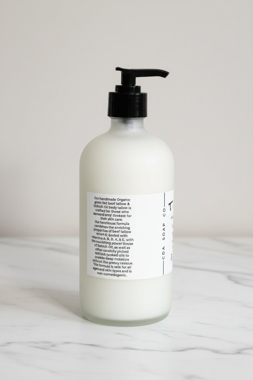 White bottle with black pump on a marble surface