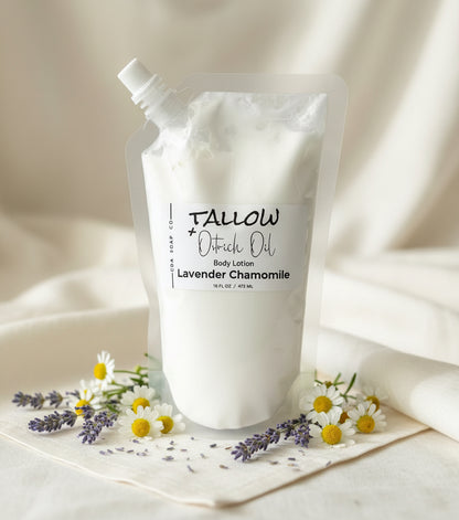 Body lotion pouch with lavender and chamomile flowers on a neutral background