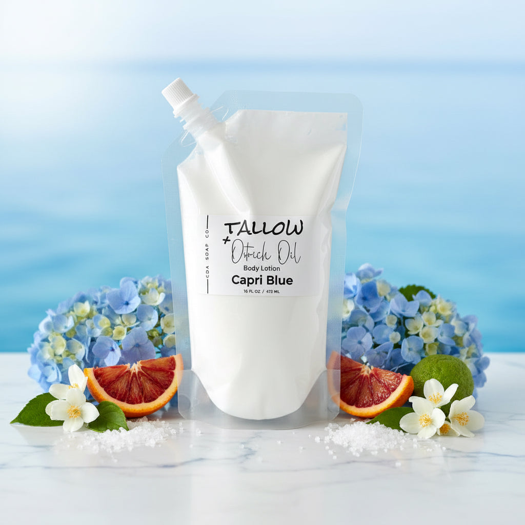 Body lotion pouch with flowers and fruit slices on a light blue background