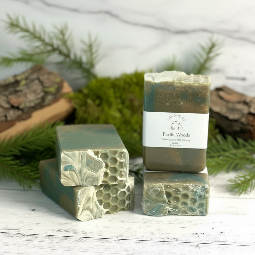 Three bars of soap with a textured surface on a wooden surface with greenery in the background.