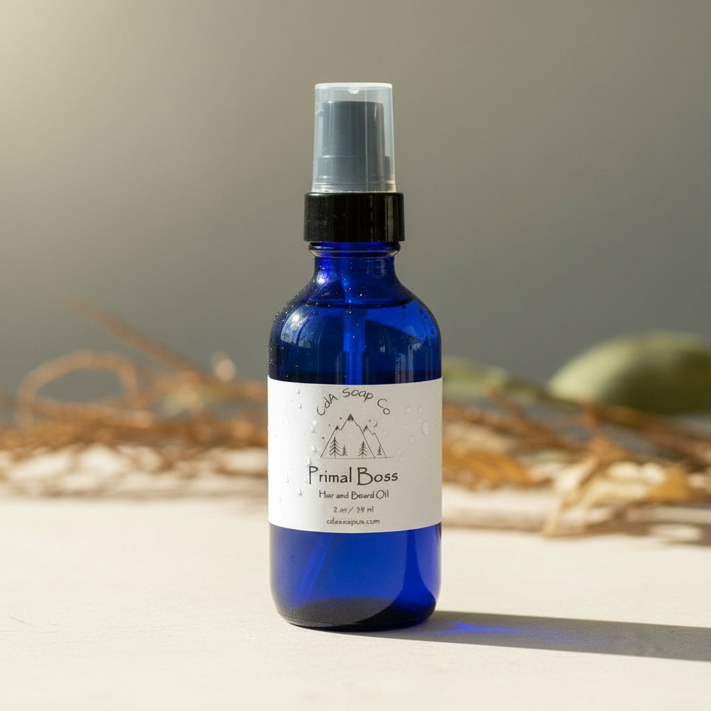 Blue bottle with a label on a neutral background