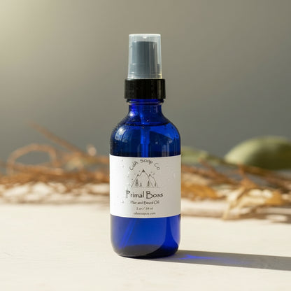 Blue bottle with a label on a neutral background