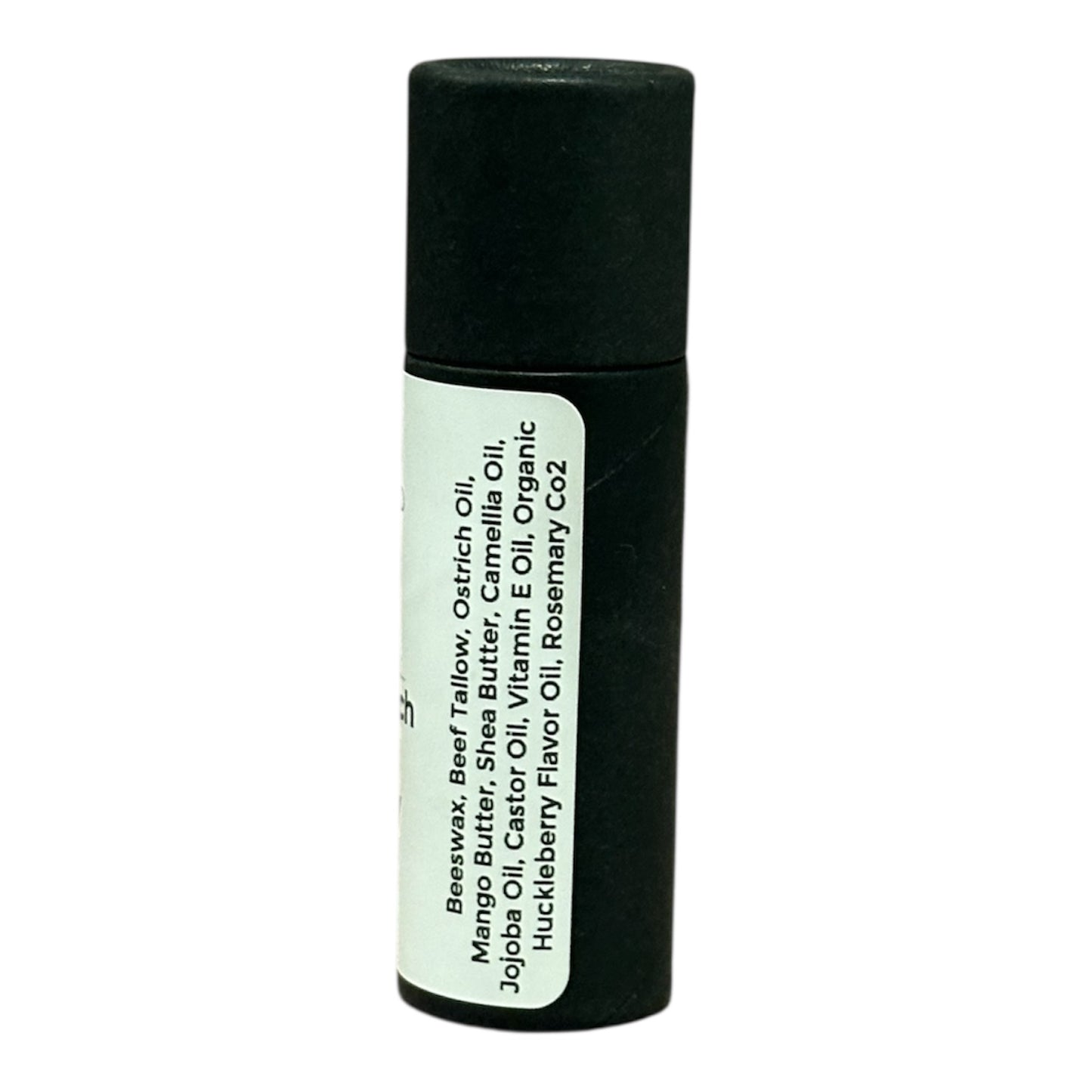 Black cylindrical container with a white label on a white background