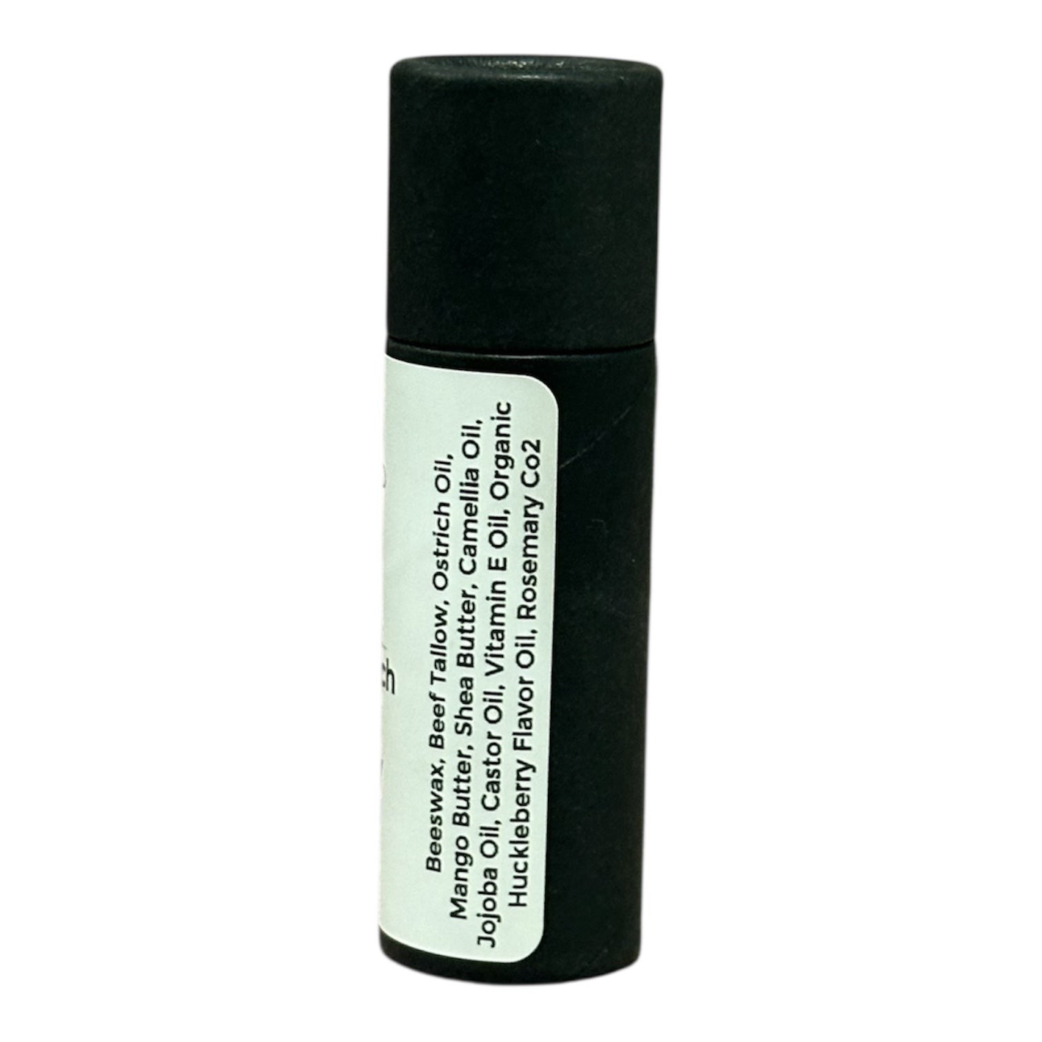 Black cylindrical container with a white label on a white background