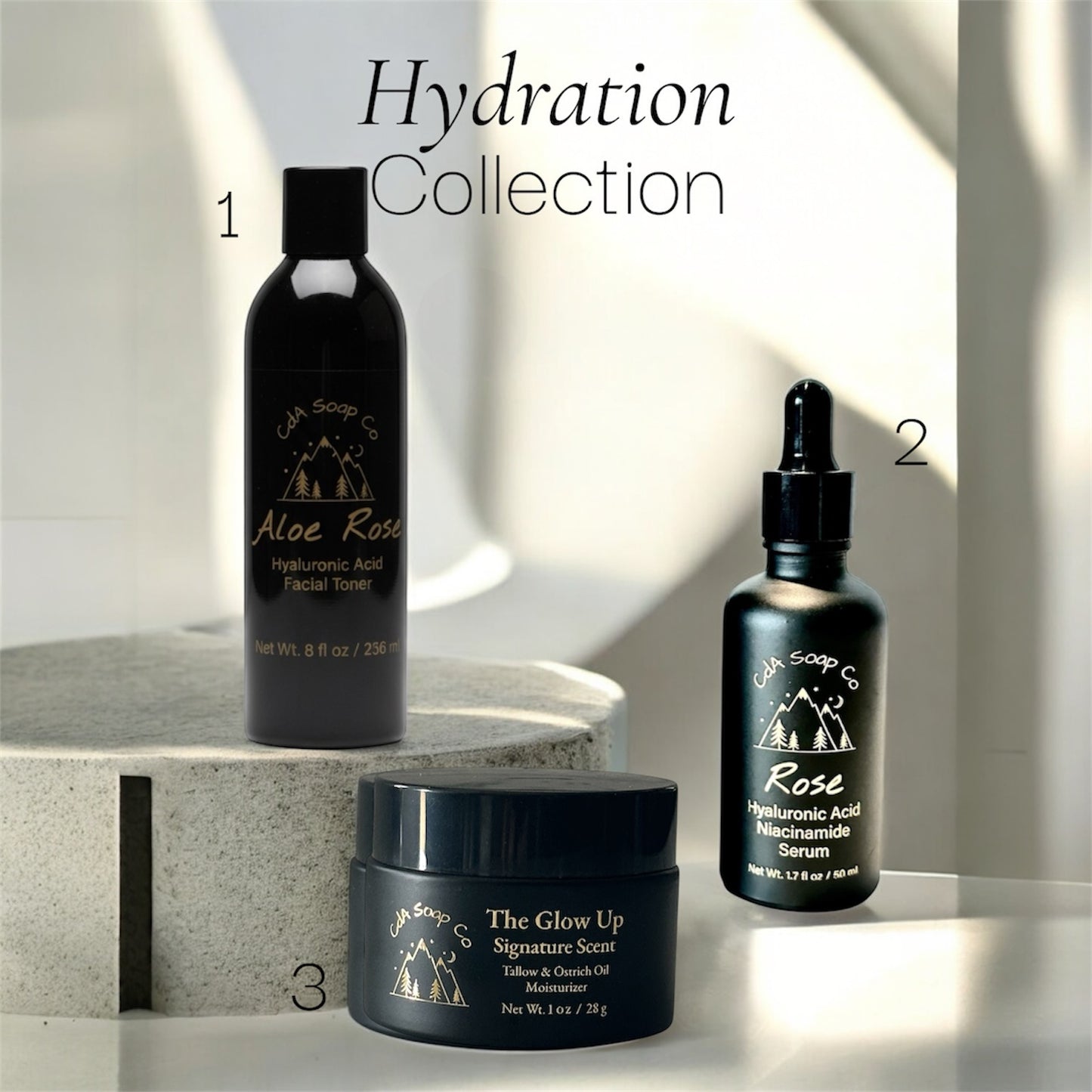 Skincare products from the 'Hydration Collection' by Aloe Rose on a neutral background.