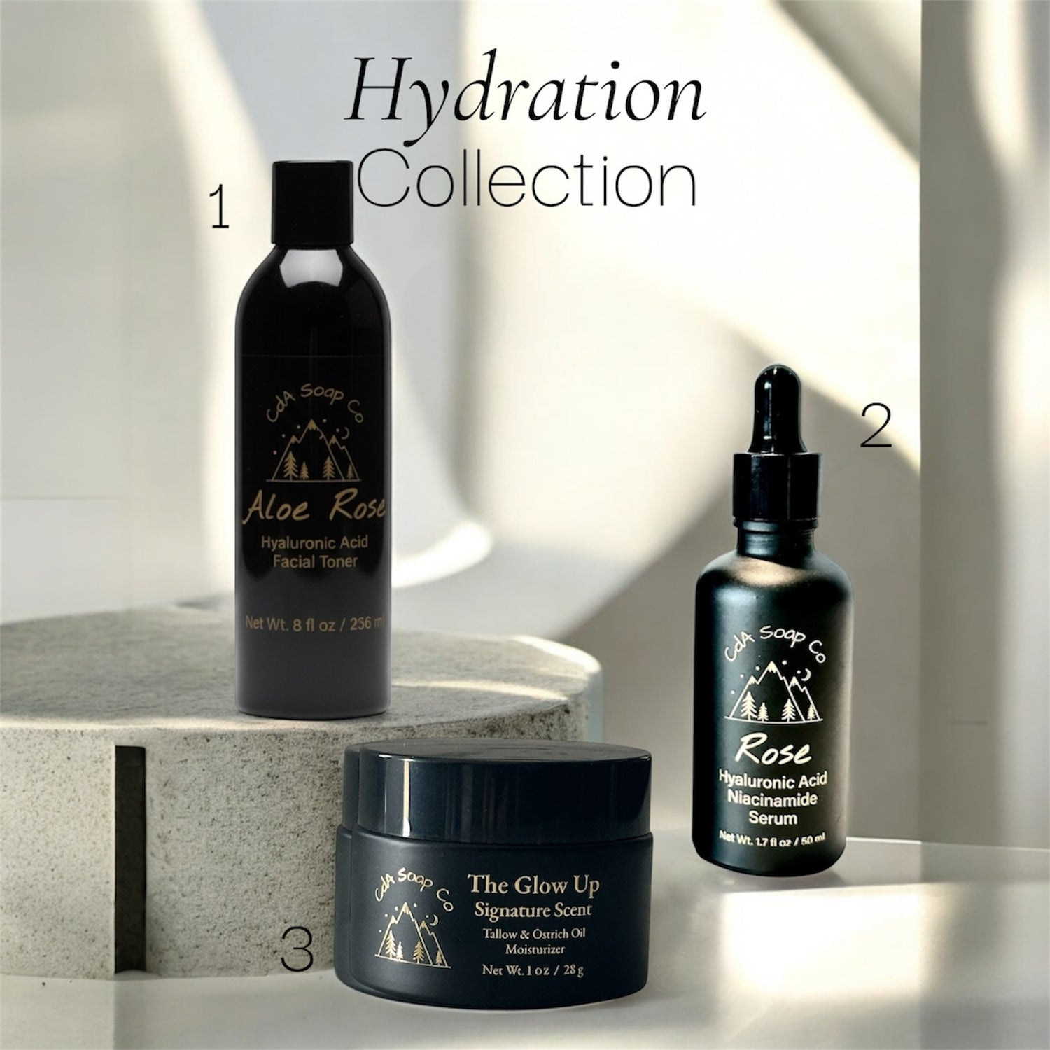 Skincare products from the 'Hydration Collection' by Aloe Rose on a neutral background.