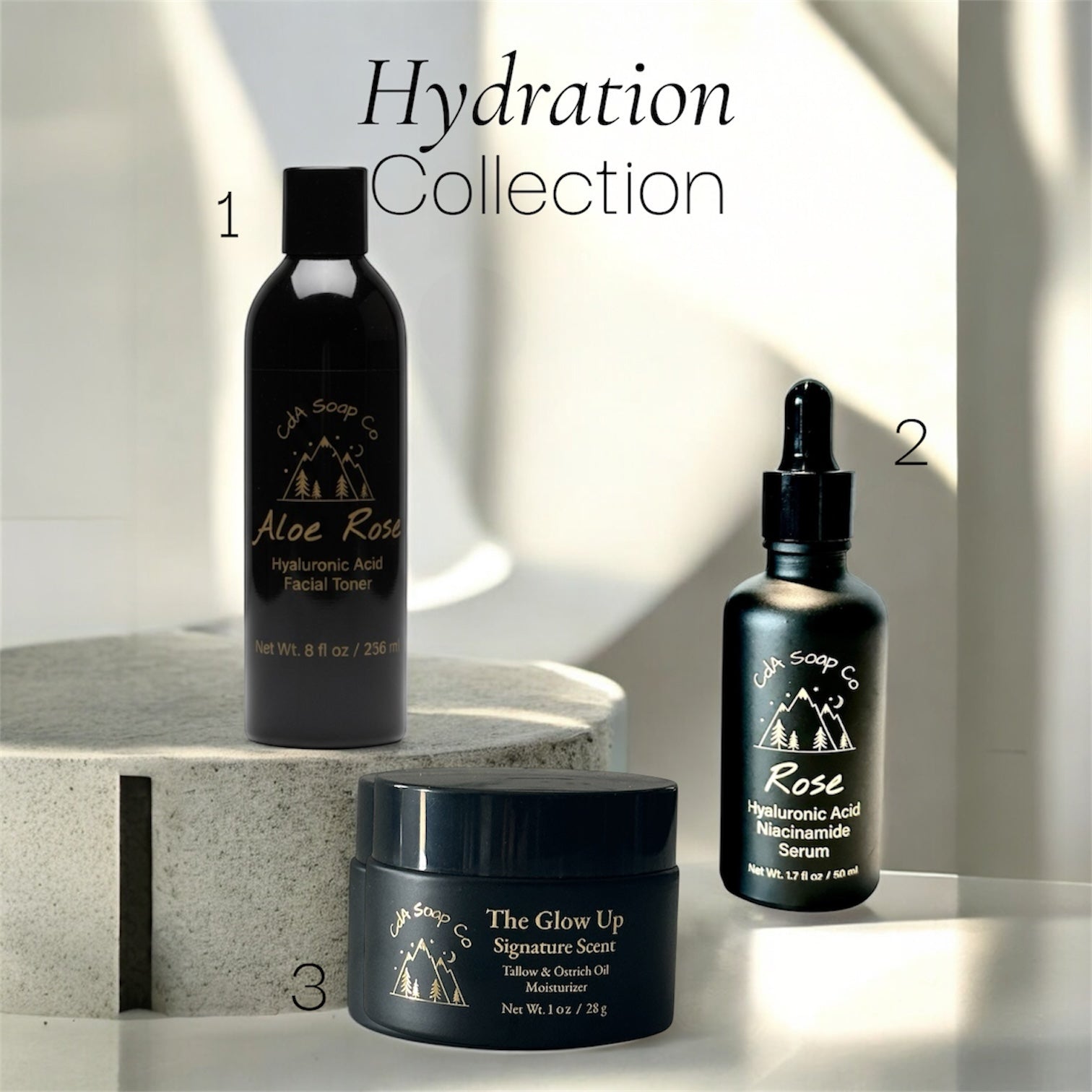 Skincare products from the 'Hydration Collection' by Aloe Rose on a neutral background.