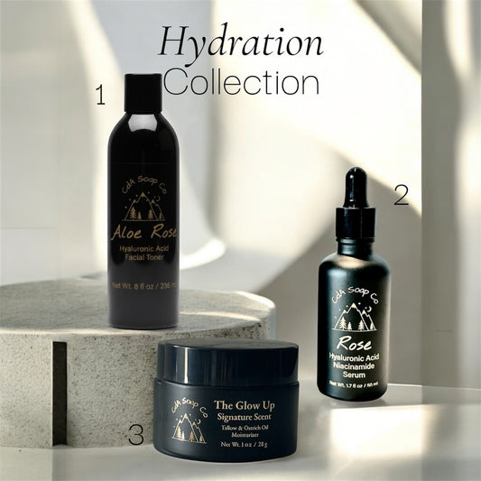 Skincare products from the 'Hydration Collection' by Aloe Rose on a neutral background.