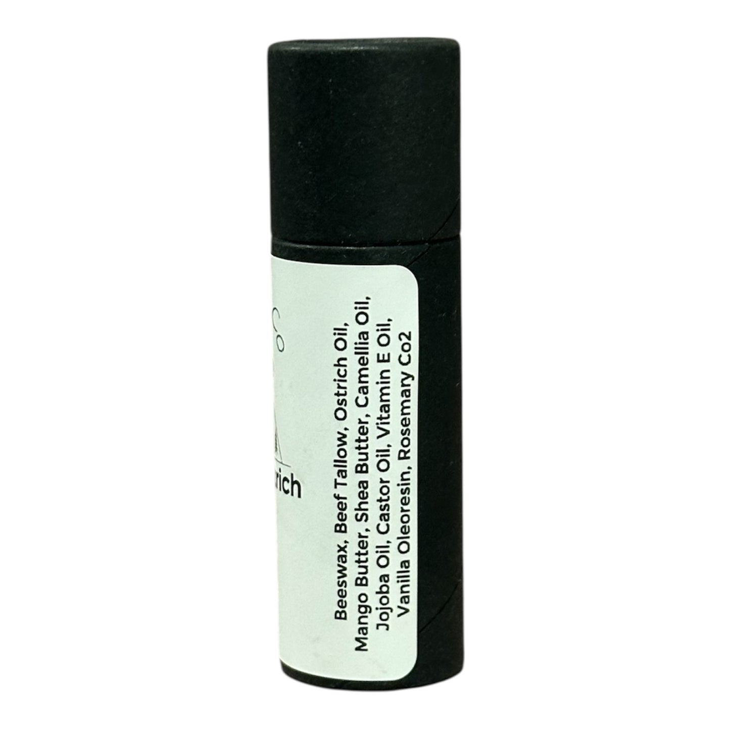 Black Kraft board lip balm tube with white label showing ingredients. Beeswax, Beef tallow, ostrich oil, mango butter, shea butter, camellia oil, jojoba oil, castor oil, vitamin e oil, vanilla oleoresin, rosemary co2