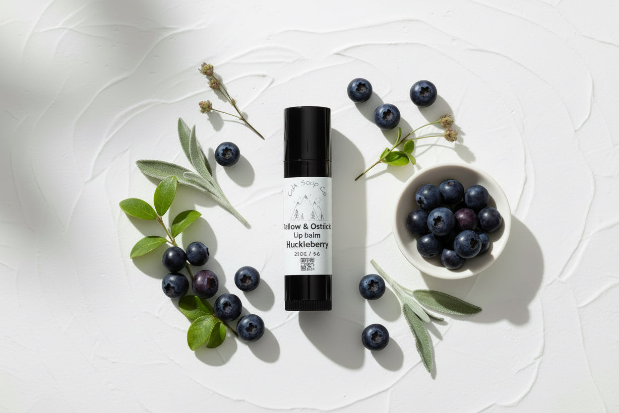 Lip balm with a black cap and white label on a white background with leaves and berries 