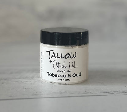 Small Jar of Tallow + Ostrich Oil Tobacco & Oud body butter on a gray background
