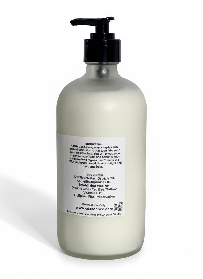 Bottle of lotion with a pump and label on a white background