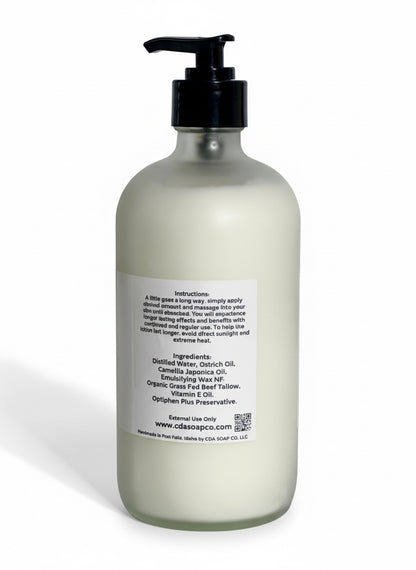 Bottle of lotion with a pump and label on a white background