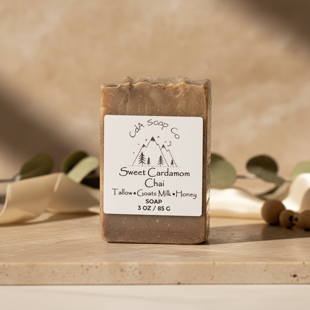 Bar of soap with a label on a wooden surface with a natural background