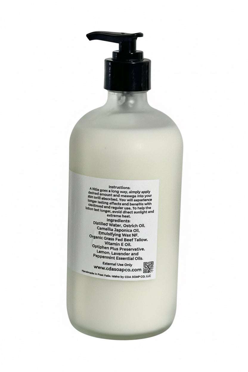 Bottle of lotion with pump and label on a white background